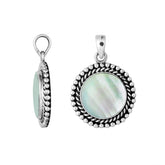 Sterling silver round pendant with mother of pearl and rope beaded silver frame handcrafted in Bali